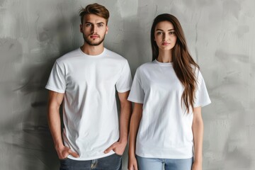 Wall Mural - Male and female models in cotton white t-shirts on gray wall in the background. White t-shirt mockup.