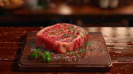 A well-seasoned raw steak on a wooden cutting board, ready for cooking. The steak is garnished with fresh herbs and salt.