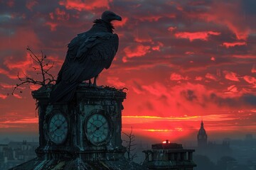 Wall Mural - A dark crow perched on a clock tower at sunset with a dramatic red and orange sky in the background over a cityscape.