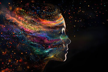 Wall Mural - A face made of colorful particles with the silhouette of a woman's head in profile against a dark background, in the style of digital art
