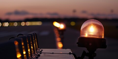 Poster - Runway approach lights, intense close-up, early dawn light, no people 