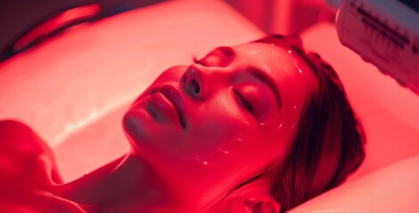 A rejuvenating red light therapy treatment is performed on a close-up of a person