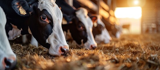 Wall Mural - Group of cows eating hay or fodder on dairy farm.