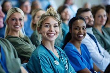 Sticker - diverse group of smiling doctors and nurses in training seminar positive and cheerful ai generated image