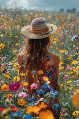 Wall Mural - Rear view. A girl in colorful hat standing in a field of flowers. Generative AI.