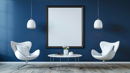 Minimalist home interior with a blank frame on a deep blue wall, modern white chairs, a simple, elegant table, and two hanging lamps