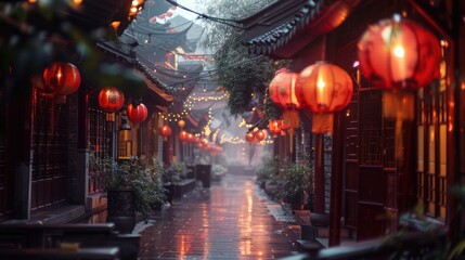 Traditional Chinese street with red lanterns illuminating a rainy evening, capturing the serene and calm atmosphere of the historic architecture