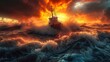 © PRI - Ship navigating through turbulent ocean waves during a fiery sunset