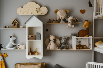 A room with a wooden shelf and a toy chest