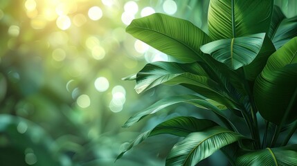 Wall Mural - Banana leaves with blurred sunlight background