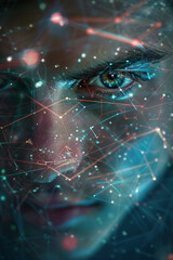 Wall Mural - A closeup of a man face with futuristic digital symbols, lines illuminating his face, focus on his pupils