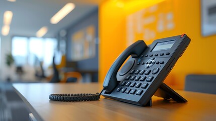 black office phone on a desk in a modern office setting.