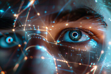 Wall Mural - A closeup of a man face with futuristic digital symbols, lines illuminating his face, focus on his pupils