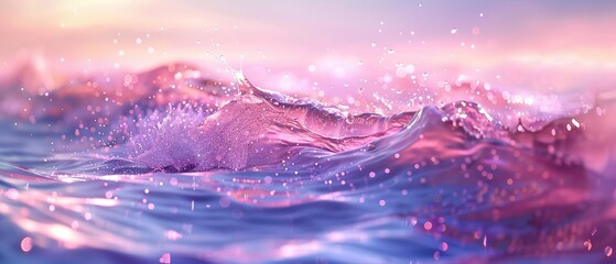 Wall Mural - Pink sunset over the sea, splashing waves and a small sun in the background