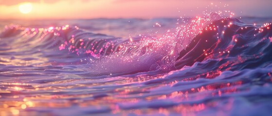 Wall Mural - Pink sunset over the sea, splashing waves and a small sun in the background