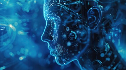 Human head face hologram gear AI technology blue screen light