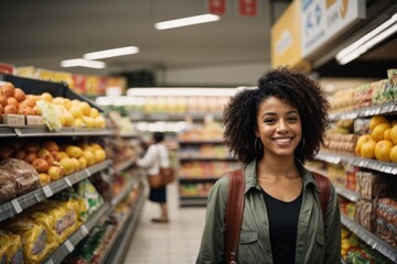 Woman shopping in grocery store produce aisle