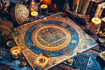 Vintage astrological chart surrounded by candles and mystical artifacts.