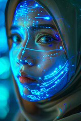 Wall Mural - A closeup of a woman face wearing hijab with futuristic digital symbols, lines illuminating her face, focus on her pupils 