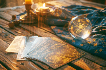 crystal ball and tarot cards on a mystical table setup.
