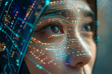 Wall Mural - A closeup of a woman face wearing hijab with futuristic digital symbols, lines illuminating her face, focus on her pupils 