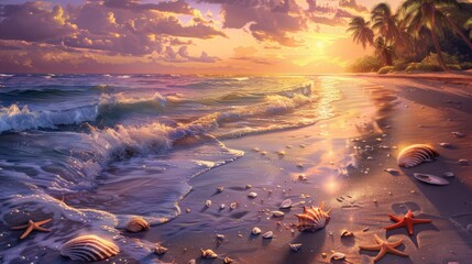 Wall Mural - A beautiful sunset over the ocean with palm trees in the background. The sky is filled with clouds, and the water is calm. The scene is serene and peaceful, and it evokes a sense of relaxation