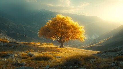 Wall Mural - A giant mulberry tree glowing golden light hiding in the mountain. Generative AI.