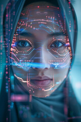 Wall Mural - A closeup of a woman face wearing hijab with futuristic digital symbols, lines illuminating her face, focus on her pupils 