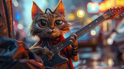 Wall Mural - A stylish cat in a fedora and bowtie, holding a jazz guitar, with a colorful bokeh backdrop that adds a touch of sophistication and fun.