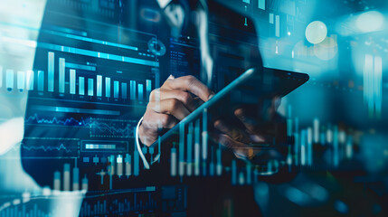 Male businessman with graphic technology lines, business concept