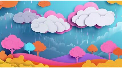 Wall Mural - Monsoon season background with paper cut style clouds, emphasizing the vibrant and dynamic atmosphere of the rainy season.