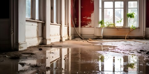 Restoring flooded room after water damage from snowmelt or burst pipe. Concept Water Damage Restoration, Flooded Room Cleanup, Snowmelt Water Damage, Burst Pipe Mitigation, Room Renovation