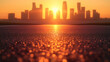 © Jennifer - Nahaufnahme auf den Asphalt einer leeren Straße bei Sonnenuntergang mit Silhouette einer Stadt im unscharfen Hintergrund, Konzept für urbanes Leben im Sommer, Sommerhitze