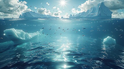 The interconnectedness of various ocean life, such as fish in their environment and icebergs floating on water and arctic Tern flying above them. Generative AI.