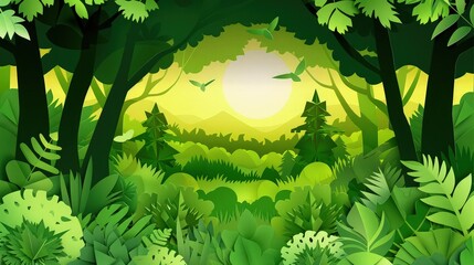 Wall Mural - Summer forest landscape in paper cut origami style with lush greenery, promoting the concept of saving the world through ecology and environment conservation.