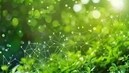 environment icons over the network connection line on green background, green leafy tree with many s