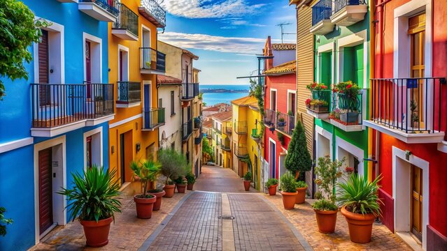 Serene narrow street in la vila joiosa, spain, flanked by vibrant multi-colored houses, surrounded by lush greenery, overlooking the mediterranean sea.