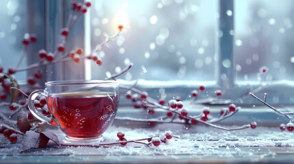Wall Mural - Cozy winter still life with cup of tea on window Seamless looping 4k time-