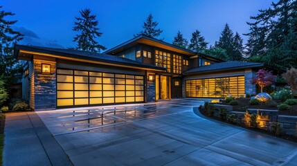 Wall Mural - Luxurious new construction home in Bellevue, WA. Modern style home boasts two car garage spaces with glass folding doors illuminated by scones. Northwest.