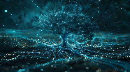 A glowing, digital tree whose roots and branches are shaped like keys and locks, illustrating the organic growth of IAM systems within organizations. The area above the tree is for text