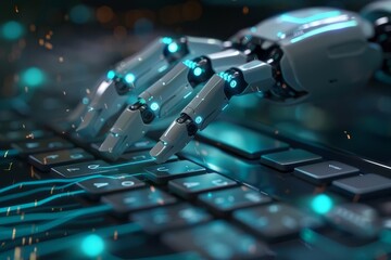 Canvas Print - futuristic automation robot hand typing on holographic keyboard artificial intelligence concept