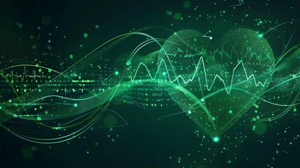 Wall Mural - Dark green background with bright digital illustration of heartbeat with ECG pulse