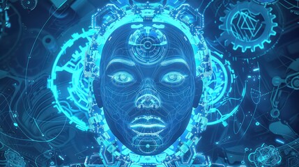 Human head face hologram gear AI technology blue screen light