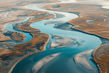 Wall Mural - Aerial view of a river delta, capturing the intricate, abstract patterns formed by the waterways. Emphasize the natural lines and the interplay of light and shadow.