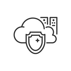 Cloud service server protection, linear icon. Shield, cloud and server. Line with editable stroke