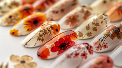 Close-up of artificial nails with delicate, pressed flower designs. The soft, natural tones and intricate details evoke a fresh and elegant look, ideal for sophisticated beauty promotions