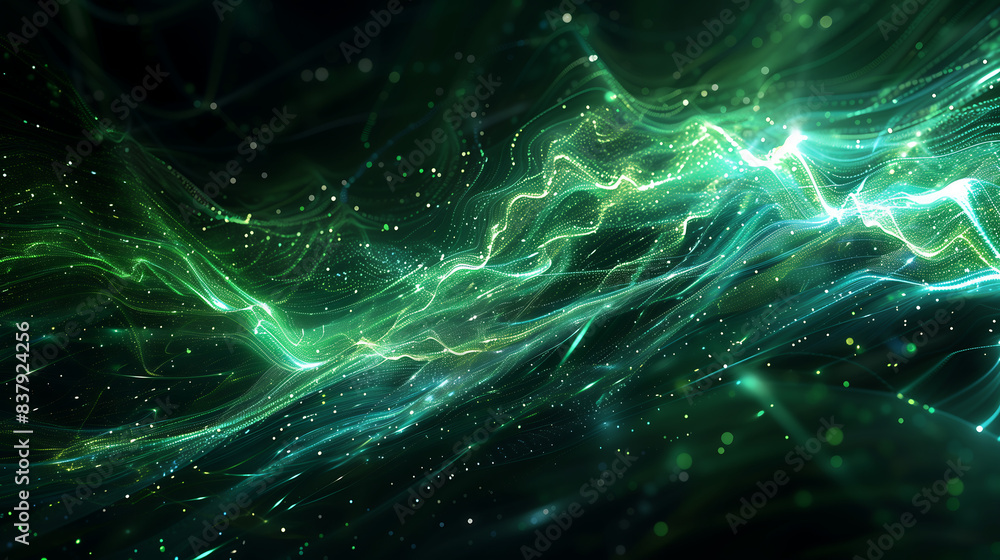 abstract green energy waves with glowing particles on a dark background ...