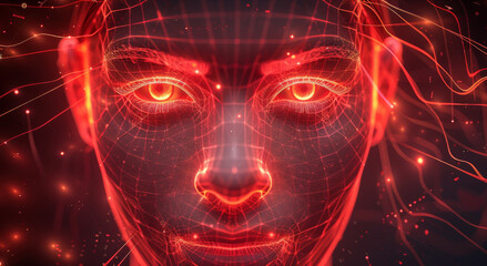 Leinwandbilder - An illuminated face with lines and patterns, surrounded by glowing red lights on a black background, creating the illusion that it is being projected from within its own mind. Generative AI.