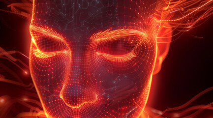 Leinwandbilder - An illuminated face with lines and patterns, surrounded by glowing red lights on a black background, creating the illusion that it is being projected from within its own mind. Generative AI.