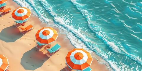 The summertime seamless arrangement of trendy brightly colored vivid beach umbrellas with turquoise water over a a seashore lovely illustrative and space, Generative AI.